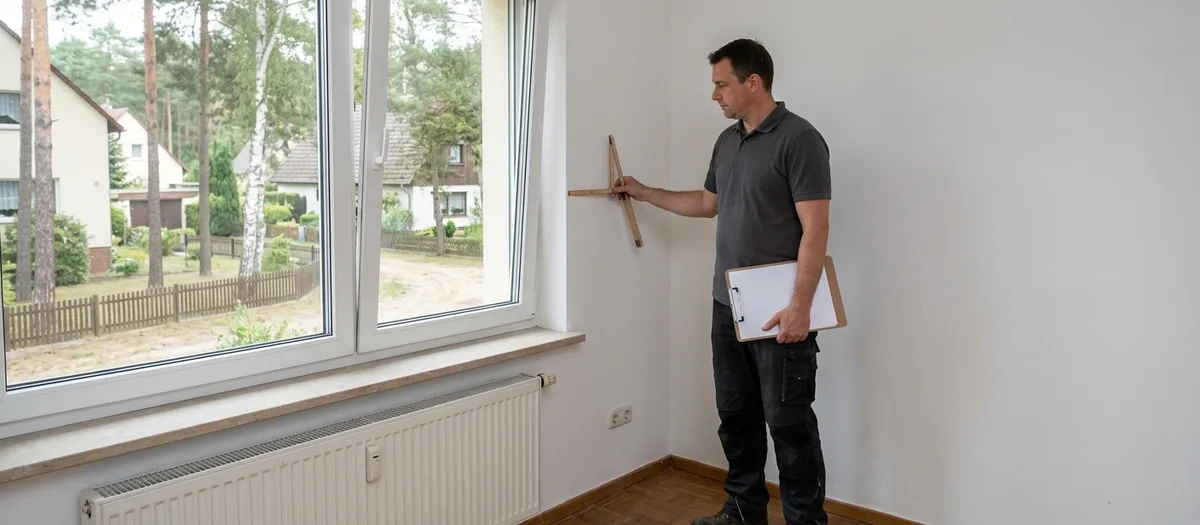 Mitarbeiter misst mit dem Zollstock die Wand im leeren Zimmer und notiert die Maße auf dem Klemmbrett