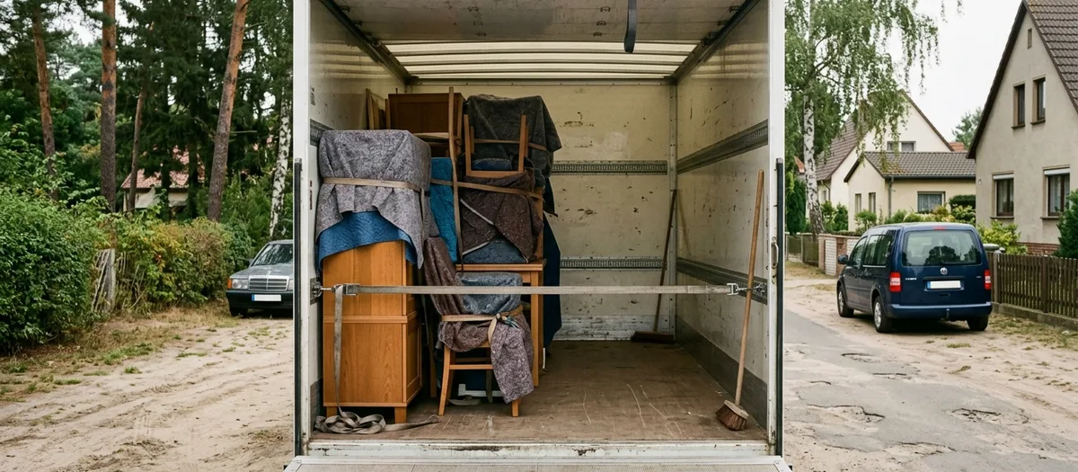 Blick in den halb beladenen Koffer, in dem Schrank, Stühle und Decken an der Seitenwand verzurrt sind
