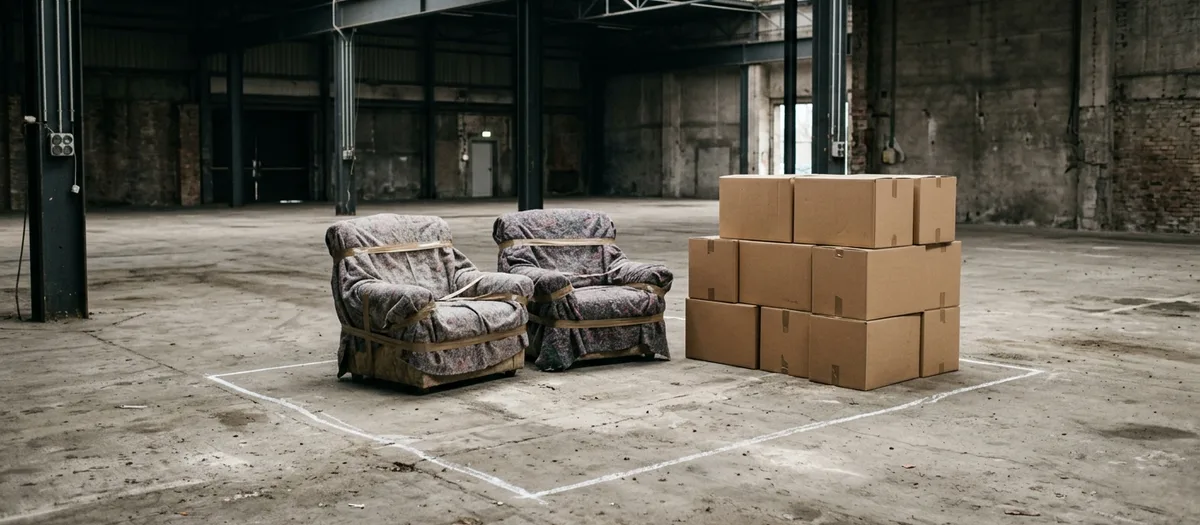 Zwei verpackte Sessel und gestapelte Kartons stehen im markierten Stellfeld einer Lagerhalle