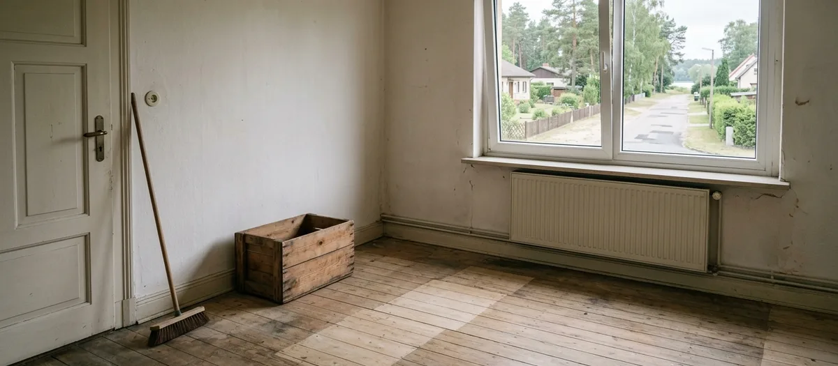 Besenreines Zimmer nach der Haushaltsauflösung, geblieben sind nur eine Holzkiste und ein Besen