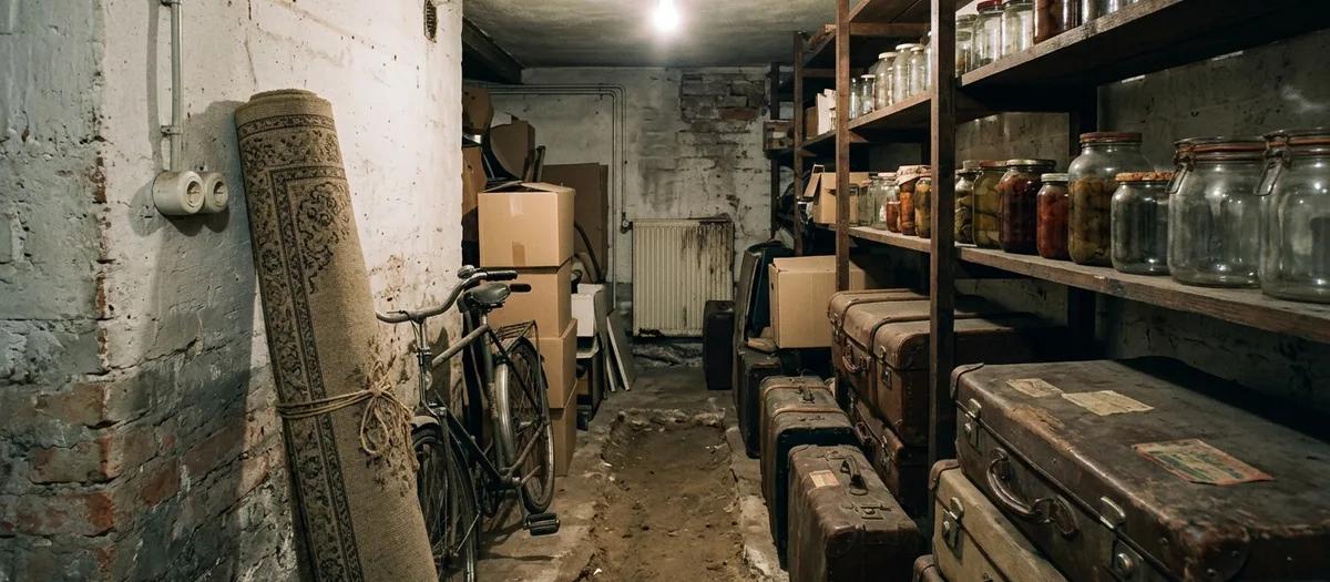 Enger Kellergang mit Einweckgläsern im Regal, alten Koffern, Fahrrad und aufgerolltem Teppich