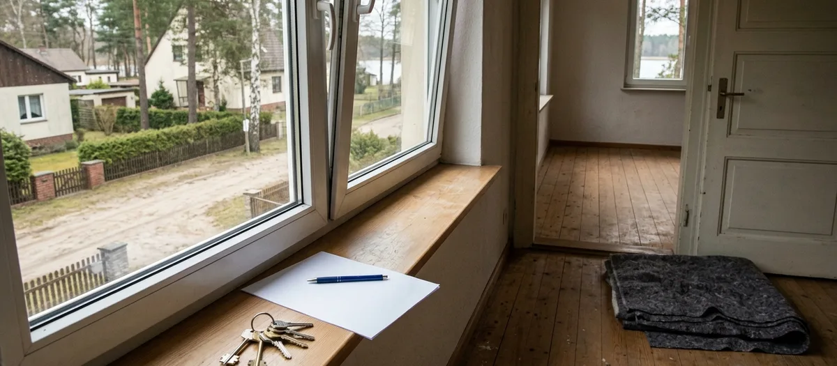 Schlüsselbund, leerer Bogen und Kugelschreiber liegen zur Übergabe auf der Fensterbank