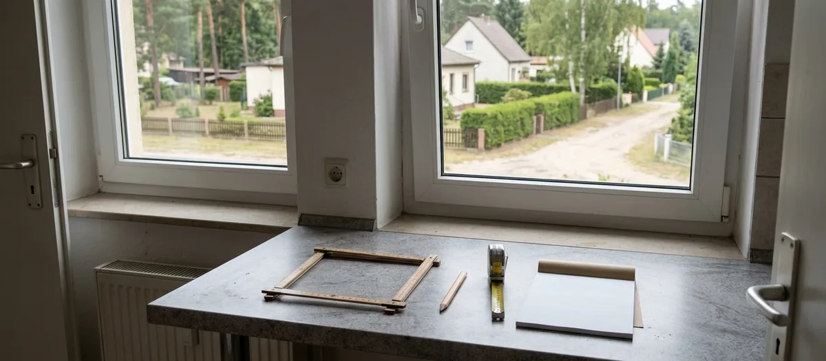 Zollstock, Bleistift, Bandmaß und Notizblock warten auf der Fensterbank für das Aufmaß vor Ort