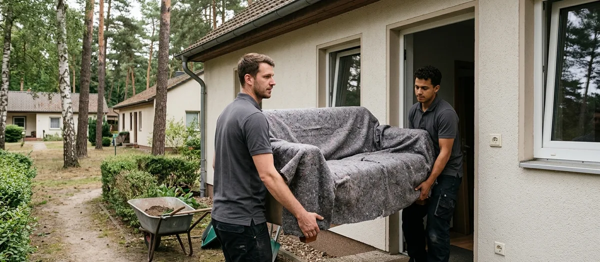 Durch die Haustür eines Bungalows schieben zwei Packer ein in Decken gehülltes Sofa ins Freie