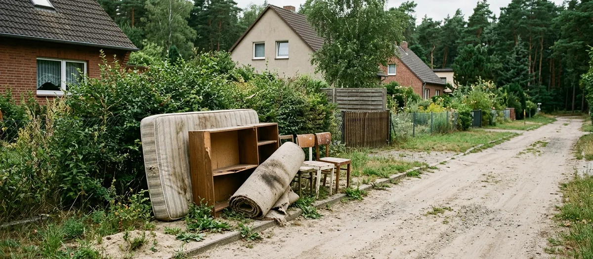 Matratze, Regal, Teppichrolle und Stühle stapeln sich am Rand einer Sandstraße im Barnim