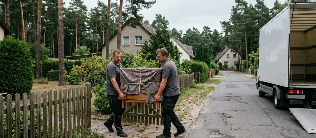 Zwei Helfer balancieren einen verhüllten Tisch zum offenen Lkw in einer Wandlitzer Waldsiedlung