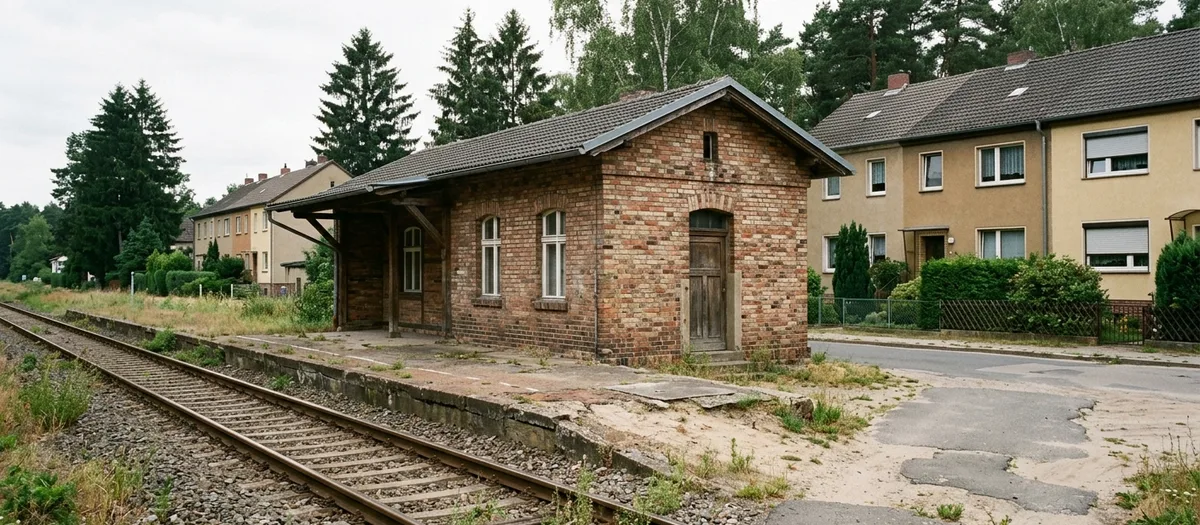 Backsteinhaus am alten Bahnsteig, direkt neben dem Gleis mitten im Ortskern von Basdorf
