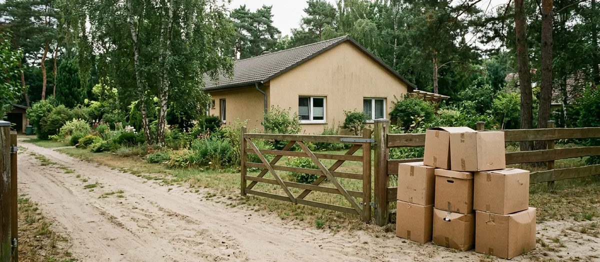 Gestapelte Umzugskartons stehen am Holzgatter vor einem Bungalow an der Sandpiste in Lanke