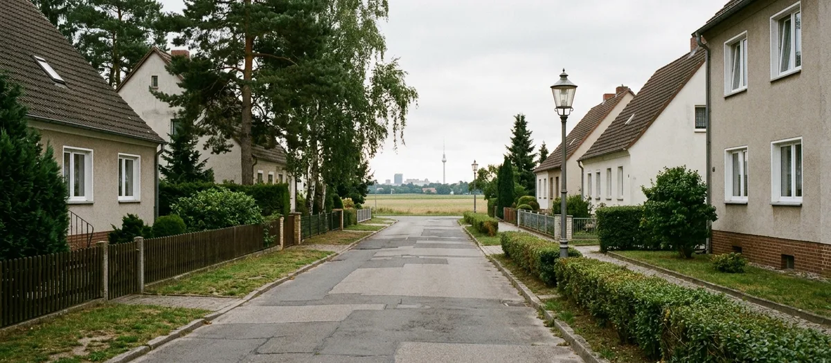 Blick aus einer Wohnstraße in Schönerlinde über das freie Feld bis zum Fernsehturm am Horizont