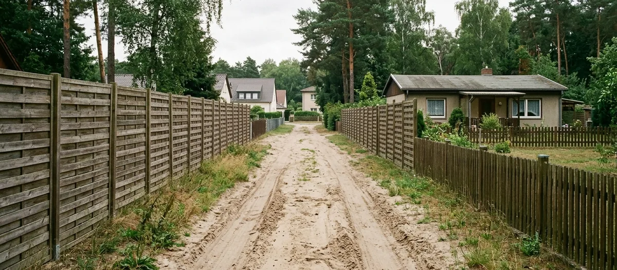 Ein sandiger Zufahrtsweg führt zwischen hohen Holzzäunen zu den Grundstücken in Schönwalde