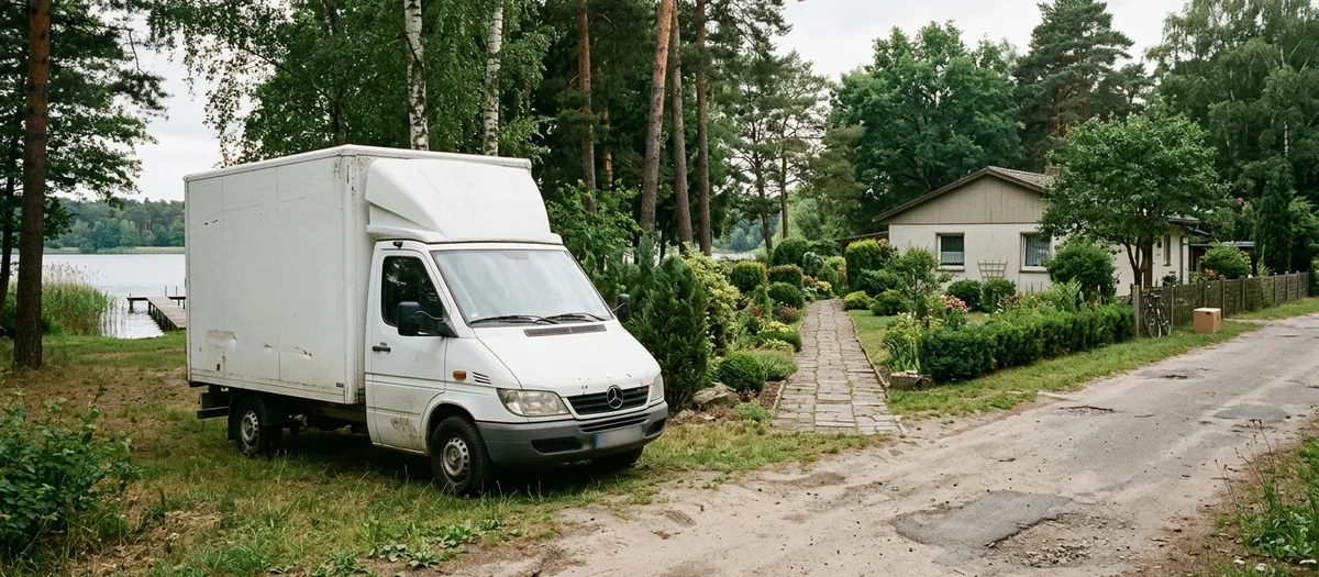 Ein weißer Transporter mit Koffer parkt am Seeufer in Stolzenhagen, ein Plattenweg führt zum Haus
