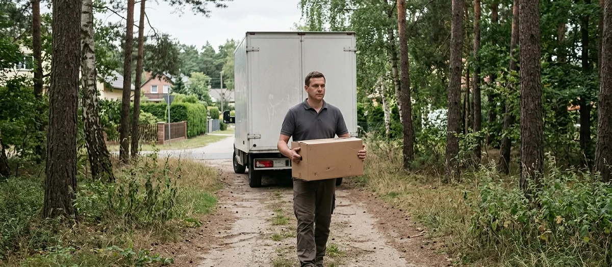 Ein Träger bringt einen Karton vom Transporter über den Waldweg zum Grundstück in Ützdorf