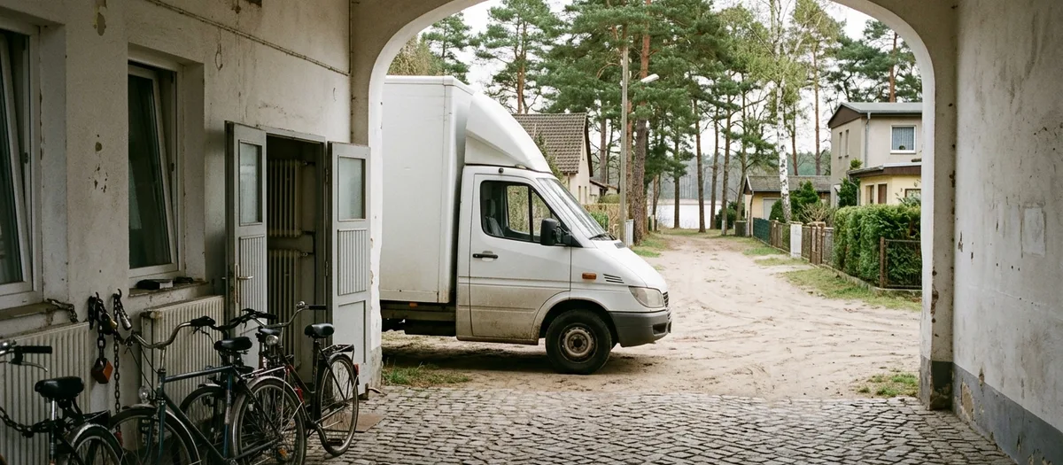 Zwischen Hoftor und Sandweg parkt der weiße Umzugswagen, Fahrräder lehnen an der Hauswand