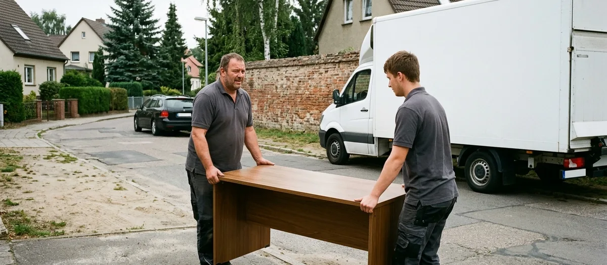 Zwei Männer tragen einen Schreibtisch an der alten Stadtmauer entlang zum wartenden Lkw