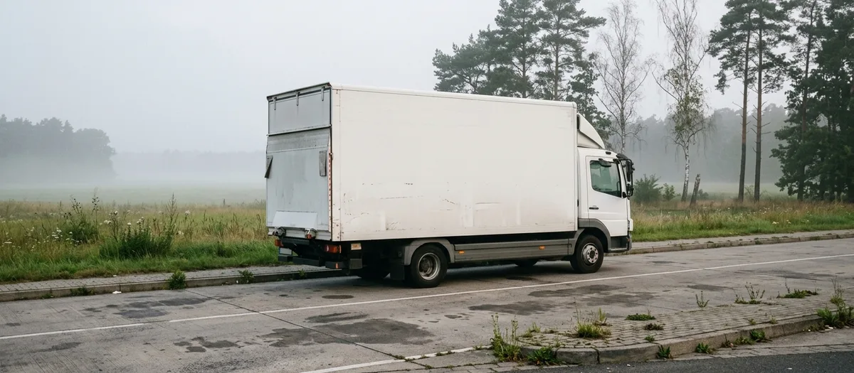 Im Morgennebel wartet ein leerer Koffer-Lkw am Rand der Landstraße
