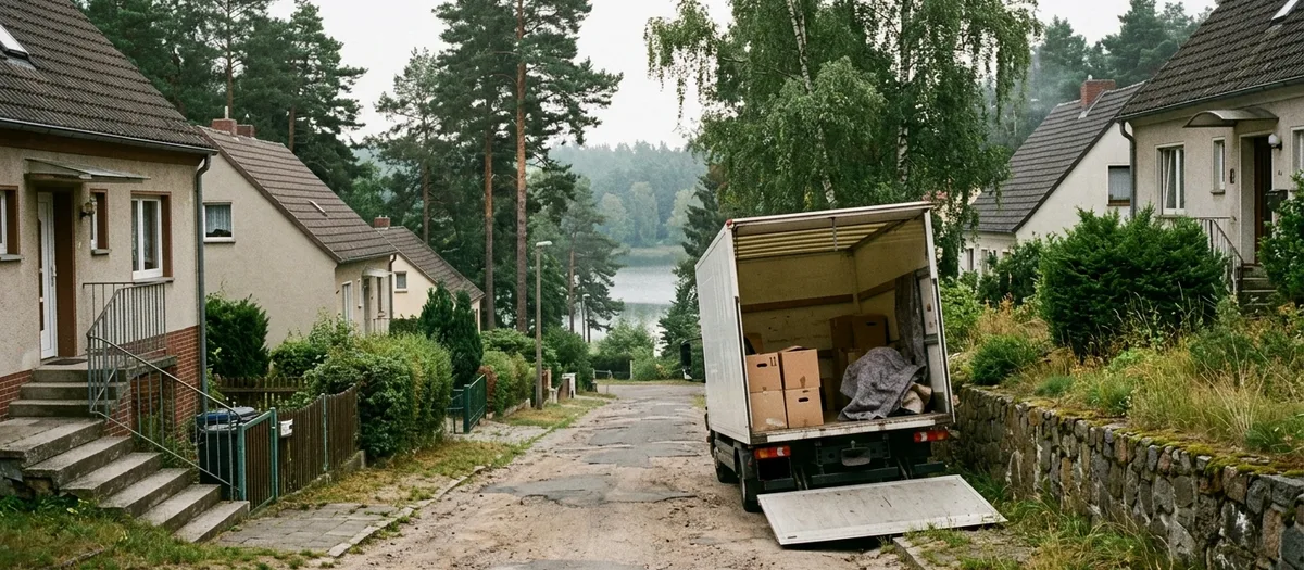 Der beladene Wagen steht mit abgesenkter Ladebordwand in der abschüssigen Siedlungsstraße