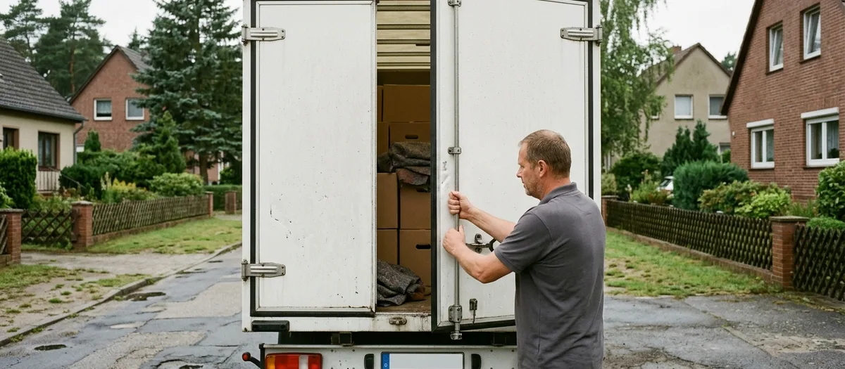 Ein Mitarbeiter drückt die Hecktüren des vollgepackten Wagens zu, dahinter stapeln sich Kartons