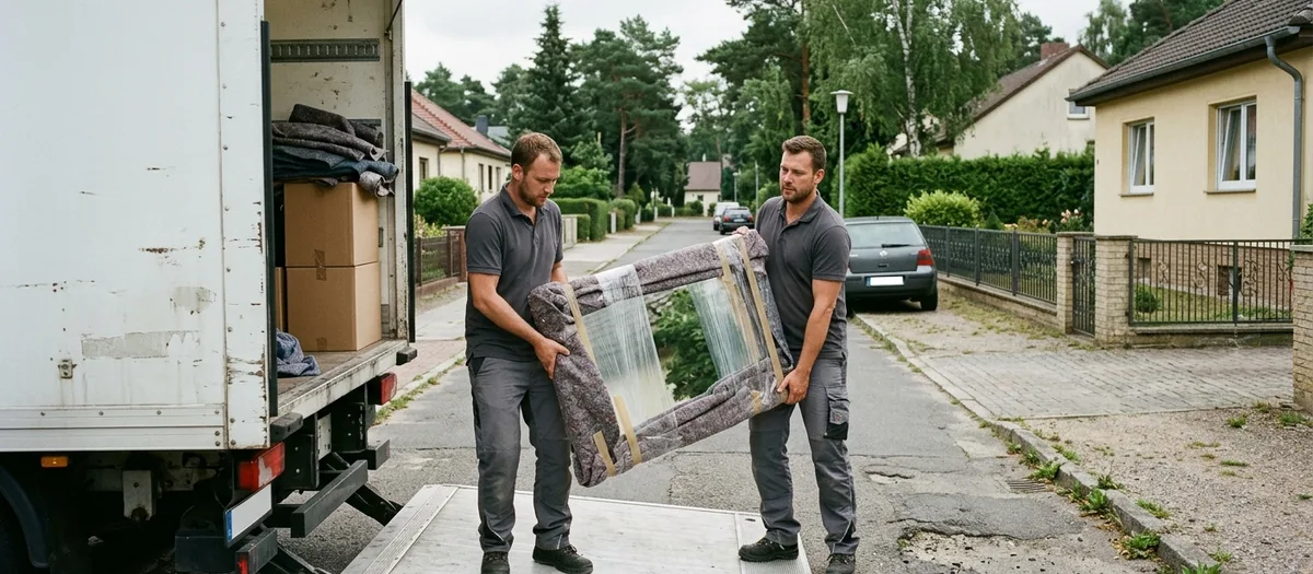 Gut in Decken verpackt, trägt das Team ein sperriges Möbelstück zur Laderampe
